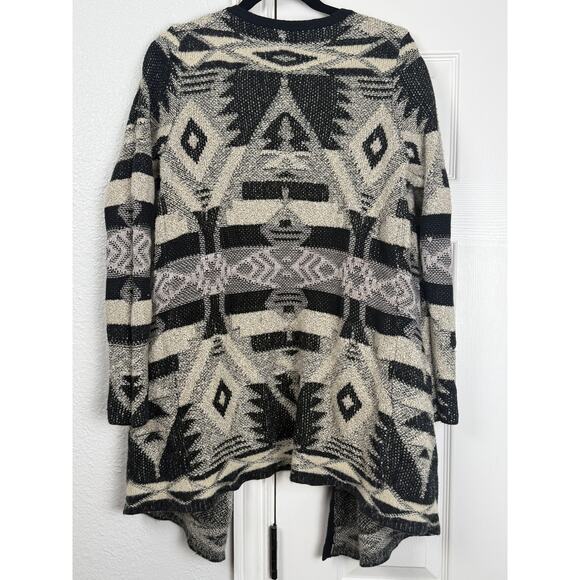 Lucky Brand Tribal Open Cardigan L Black Cream Long Sweater - Picture 4 of 9